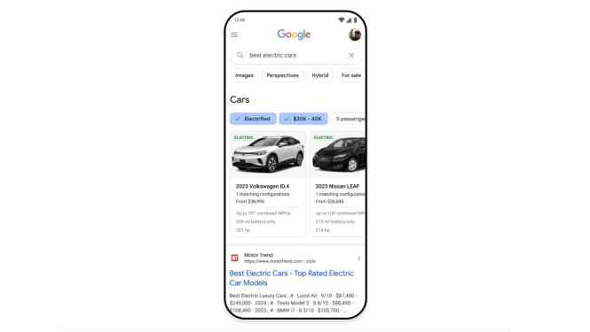 A Google search for "best electric cars" with search results comparing vehicles