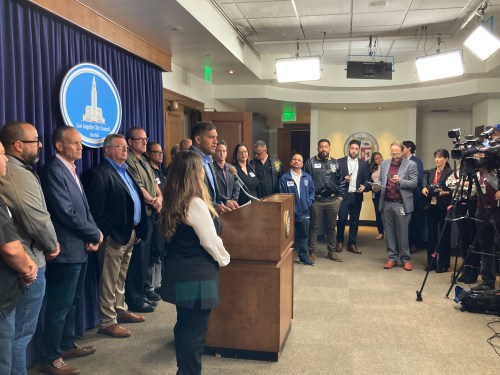 LA City Councilmembers and Teamsters leaders at a press conference on Robotaxis.