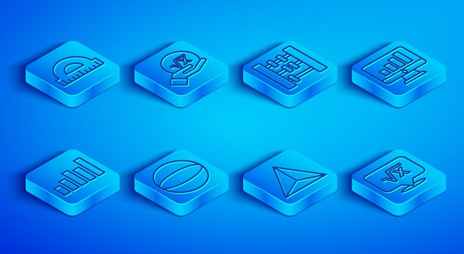 Set line Protractor Square root of x glyph Abacus Geometric figure Sphere Tetrahedron Computer monitor with graph chart Graph schedule chart diagram and icon. Vector.