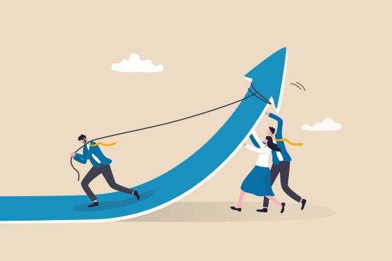 Cartoon of three business people struggling to pull an arrow into the growth direction.