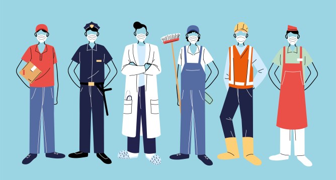 illustration of essential workers, various occupations people wearing face masks