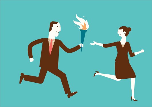 Illustration of a businessman passing a torch to a businesswoman.