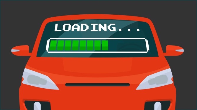 A red car illustration with a loading bar on the windshield.