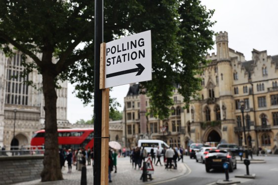 Polling station sign is seen a day before General Election, in London, Great Britain on July 3, 2024