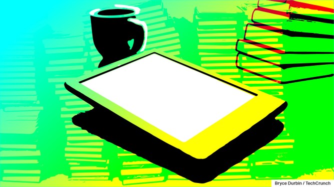 an illustration of an ebook reader with a cup of coffee and a pile of books in the background on a green and blue blended background