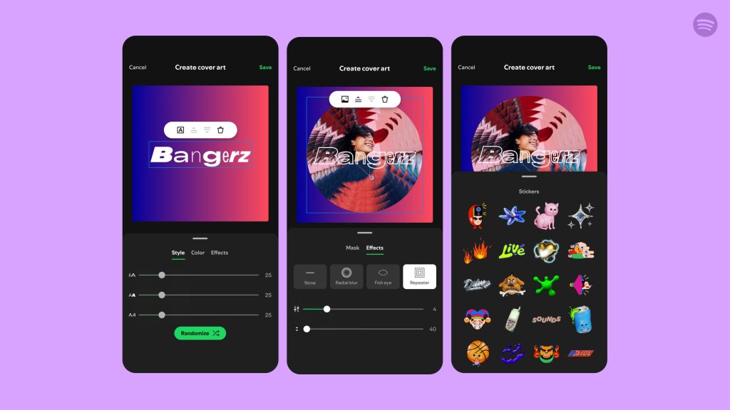 Spotify playlist displayed on 3 smartphone screens