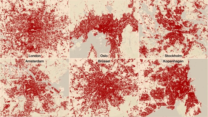 Several images of location data across maps of several European capitals, including London, Amsterdam, and Oslo