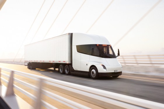 Tesla Semi driving across a bridge