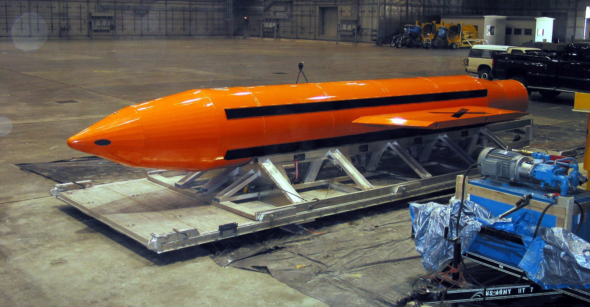 weapon is prepared for testing at the Eglin Air Force Armament Center. The MOAB is a precision-guided munition weighing 21,500 pounds and will be dropped from a C-130 Hercules aircraft for the test. It will be the largest non-nuclear conventional weapon in existence. The MOAB is an Air Force Research Laboratory technology project that began in fiscal year 2002. The bomb was used for the first time on April 1'3, 2017 by US Forces in Afghanistan against ISIS. GBU-43/B Massive Ordnance Air Blast Weapon used in Afganistant, Washington DC, USA - 13 Apr 2017 (Rex Features via AP Images)