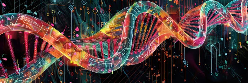 Abstract DNA strands with vibrant colors and digital motifs. Biotechnology concept stock photos