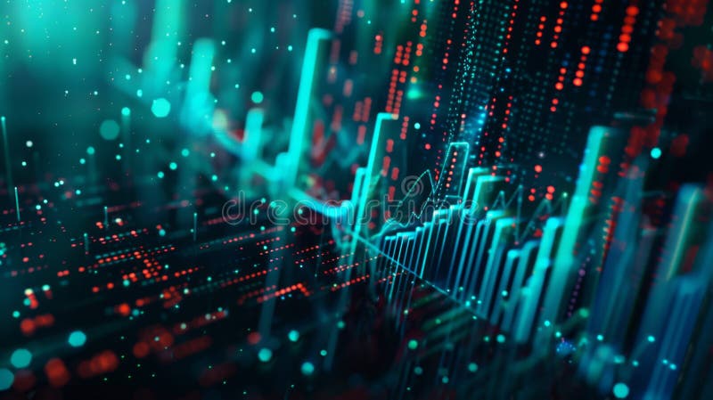 Abstract Financial Data Visualization, Generative AI. High quality photo. The image depicts an abstract representation of financial data visualization with glowing lines and dots in various colors, primarily teal and red, indicating trends and metrics in a digital and futuristic style. AI generated
