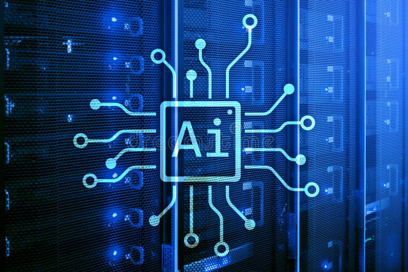 AI, Artificial intelligence, automation and modern information technology concept on virtual screen stock photography