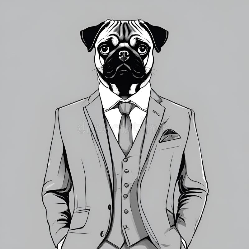 AI generated illustration of a pug in formal attire against a gray backdrop stock illustration