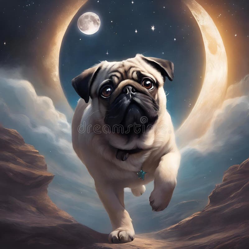 AI generated illustration of a pug running in a moonlit field under a starry sky vector illustration