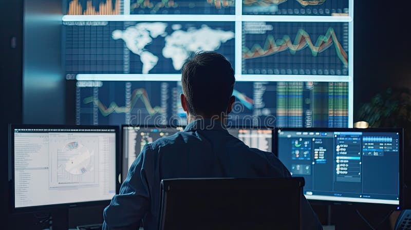 an analyst sitting in front of multiple computer screens, immersed in data analysis and business metrics AI generated