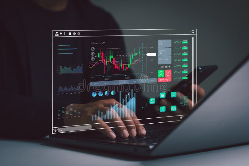 Analyst works on a computer and dashboard for data business analysis and Data Management System with KPI report and metrics connected to the database for technology finance and operation performance