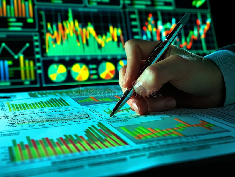 A hand holding a pen analyzes financial charts and graphs on paper, with digital screens in the background displaying various colorful data visualizations. AI generated. A hand holding a pen analyzes financial charts and graphs on paper, with digital screens in the background displaying various colorful data visualizations. AI generated