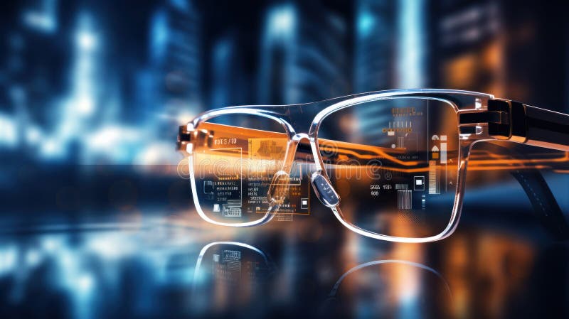 Artificial intelligence AI in Healthcare. Pair of digital eyeglasses overlaid with healthcare and AI symbols stock image