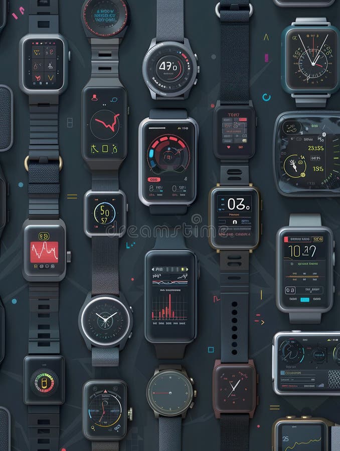 An assortment of modern smartwatches and fitness trackers arranged on a contemporary background, showcasing various health metrics and notifications on their screens. AI generated