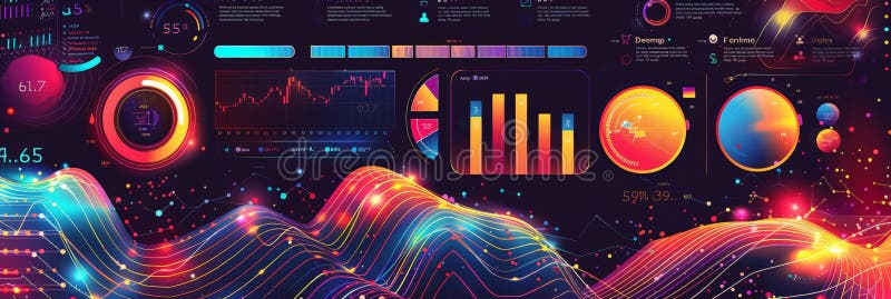 Bright and colorful data visualization with futuristic charts and metrics on a dark theme. Perfect for business analytics and strategic planning. AI generated