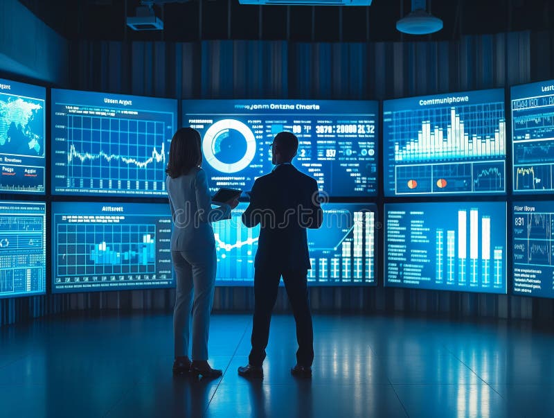Two professionals analyzing data on multiple digital screens in a high-tech control room. AI generated. Two professionals analyzing data on multiple digital screens in a high-tech control room. AI generated