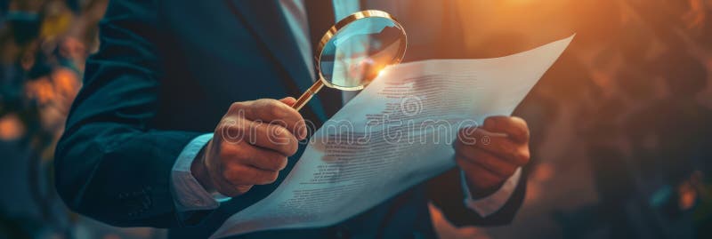 businessman holding a magnifying glass over a document with ESG criteria, highlighting the importance of detailed analysis. Generative AI AI generated