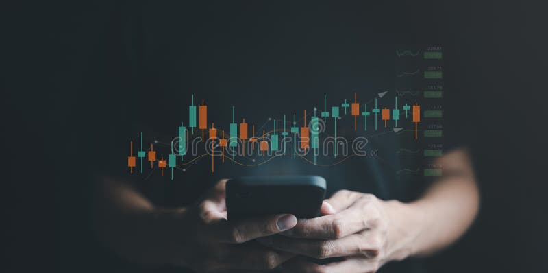A businessman\'s or trader\'s hand is showing a growing virtual hologram stock, indicating an investment in tradin royalty free stock photos