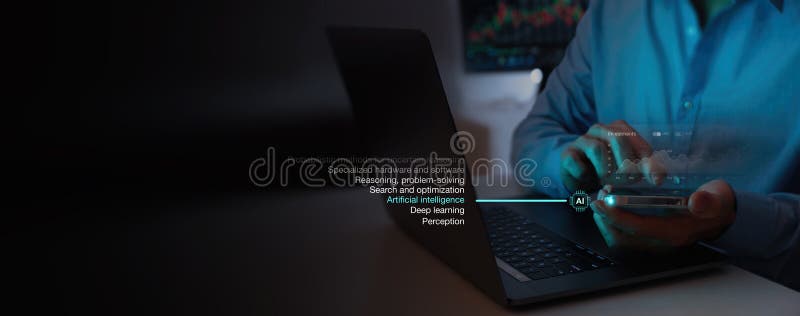 Businessman works on Smartphone laptop Showing Ai business analytics dashboard with charts, metrics, KPI to analyze performance insight reports for operations management. Data analysis concept