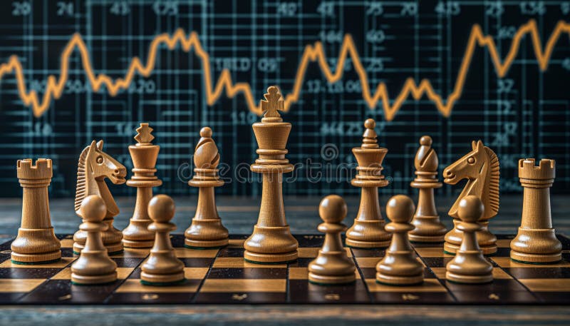 Golden chess pieces in focus with a background showing financial graphs AI generated. Golden chess pieces in focus with a background showing financial graphs AI generated