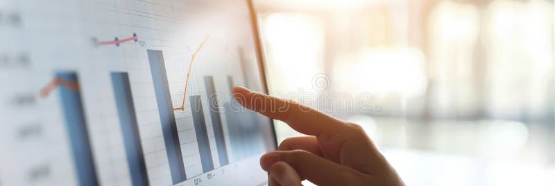 Close-up of finger pointing at a financial graph on a screen. Business analytics and data visualization. AI generated