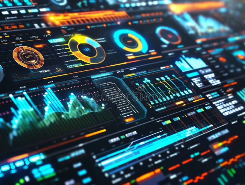 Close-up of a futuristic data analytics interface with vibrant charts and graphs. AI generated. Close-up of a futuristic data analytics interface with vibrant charts and graphs. AI generated