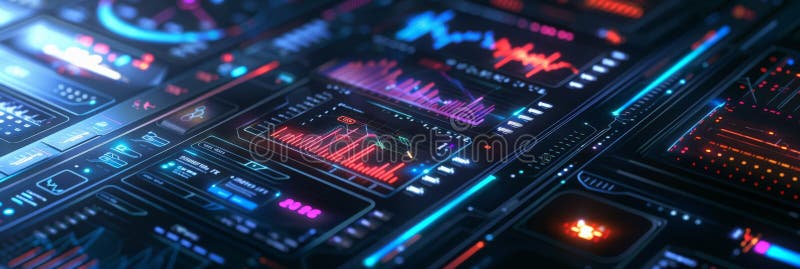 Close-up of a futuristic digital dashboard with colorful data charts and graphs. Advanced technology analytics AI generated