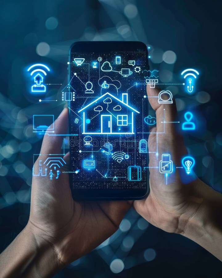 Close-up of hands holding a smartphone with Smart Home Automation Control System. Futuristic innovative system for stock illustration