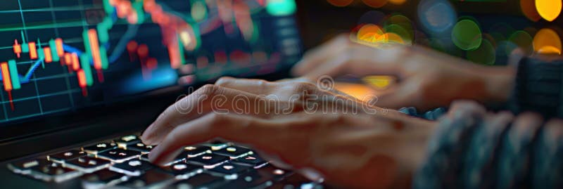 Close-up of hands typing on a laptop with financial charts displayed. Analyzing market data in detail vector illustration