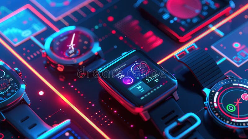 A close-up of several smartwatches with colorful displays showing health metrics and notifications. The devices are on a futuristic, neon background. AI generated