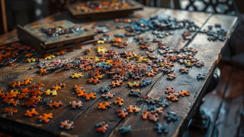 Colorful jigsaw puzzle pieces in close-up, spread out on a wooden table with a box in the background stock photo