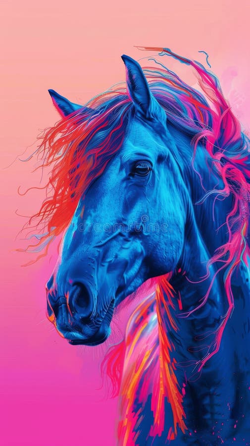 Colorful neon horse portrait, vibrant digital art royalty free stock photography
