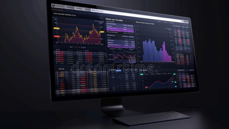 A computer monitor filled with a multitude of data, charts, and graphs, showcasing extensive information. AI generated. A computer monitor filled with a multitude of data, charts, and graphs, showcasing extensive information. AI generated
