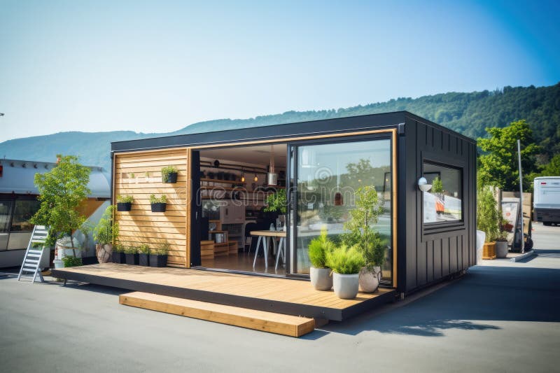 Container House innovative eco friendly design. tiny portable house for sustainable living. stock illustration