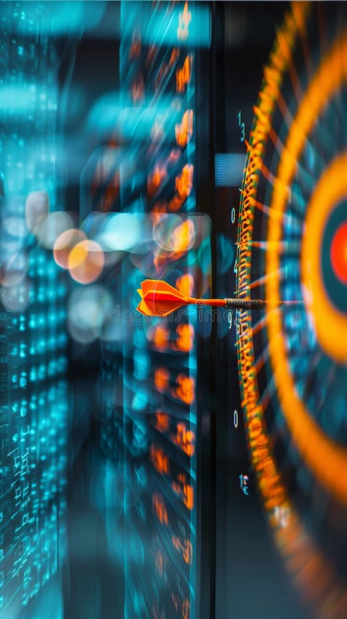 A dart in perfect alignment with a target center in a digital interface backdrop, evoking themes of precision in technology and analytics AI generated