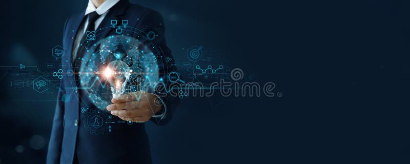 Data science. Man hold light bulb of innovative. business analytics (BA) development at various information royalty free stock images
