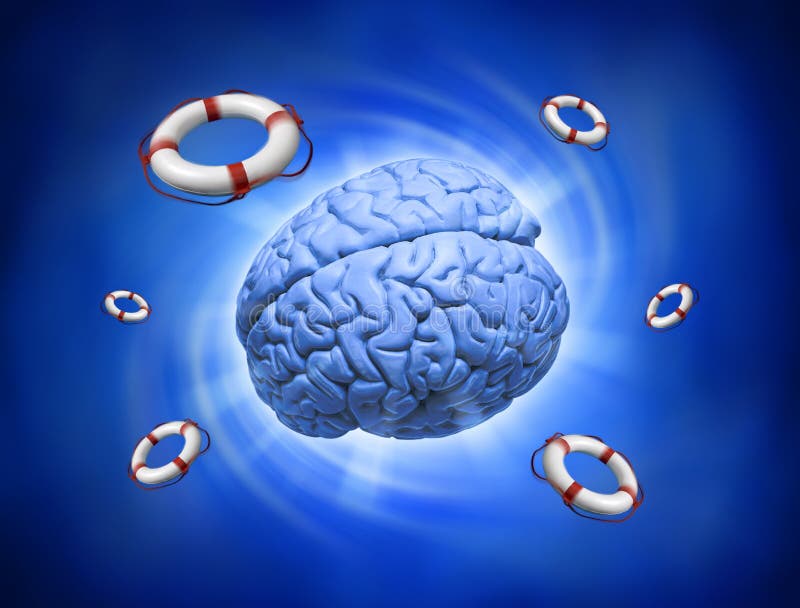 A human brain with lifebuoy rings floating around on a blue background. A human brain with lifebuoy rings floating around on a blue background