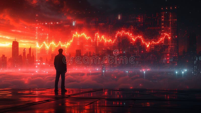 A digital landscape with a futuristic stock market graph projected onto it showing realtime fluctuations and trends. A stock images