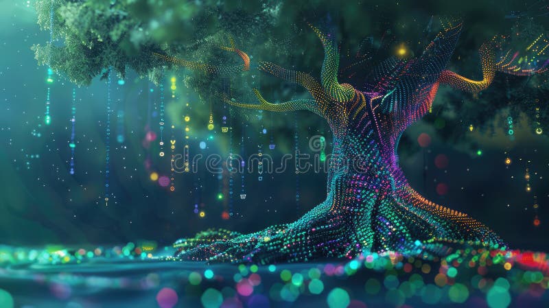 A digital tree with colorful data point leaves and binary code roots, symbolizing the growth of knowledge in the data royalty free stock image
