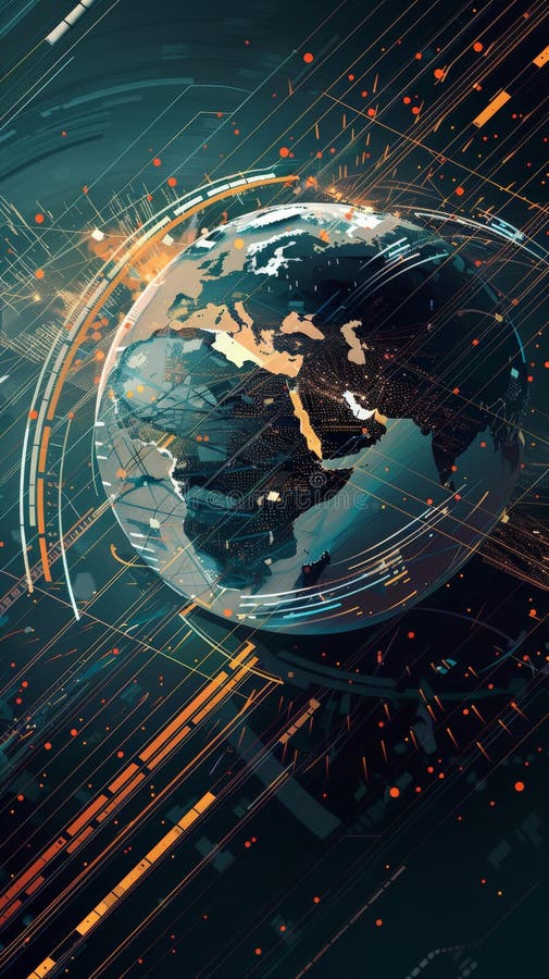Digital world map encircled by data streams representing global trading dynamics. stock photos