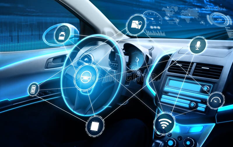 Driverless car interior with futuristic dashboard for autonomous control system royalty free stock photo