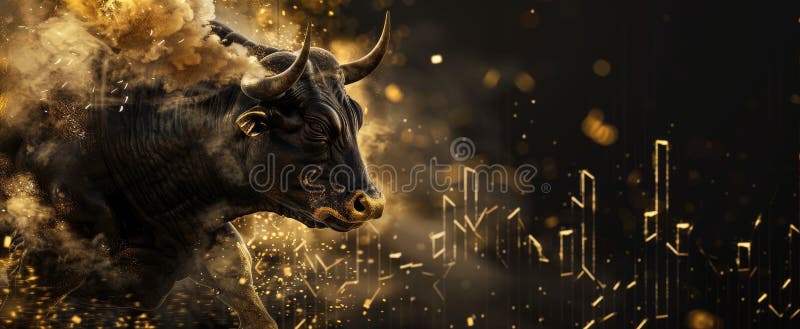 Dynamic image of an angry bull charging with sparks and smoke against a golden abstract background royalty free stock photography