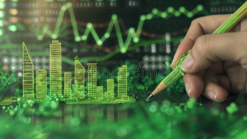 Eco-Friendly City Design, Generative AI. High quality photo. The image depicts a hand using a green pencil to draw a cityscape made of greenery, symbolizing sustainable architecture and eco-friendly urban development. In the background, there are graphs and data charts, indicating a connection between environmental design and financial metrics. AI generated