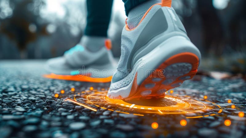 An extreme closeup of a shoe insert with an embedded sensor tracking the users steps and movements and providing royalty free stock photography