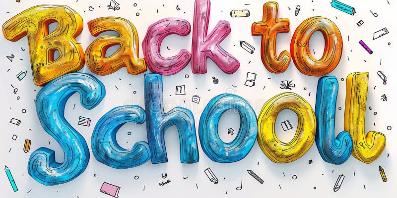 Vibrant 3D Text &#x27;Back to School&#x27; with Doodles of School Supplies on a White Background – Perfect for royalty free stock photo